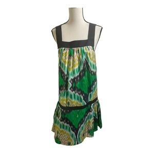 Roberta Freymann silk drop waist dress pattern colorful square neckline. Size XS